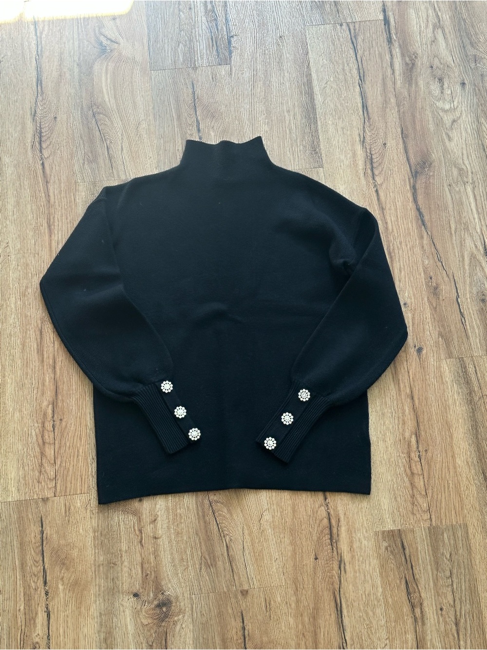 Tahari Black Mock Neck Sweater with Rhinestone Button Cuffs